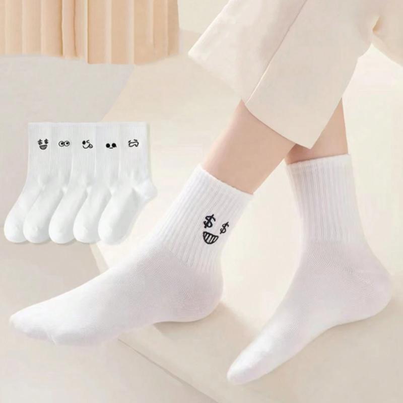 5pairs set Men's & Women's White Funny Face Mid-calf Socks Ins Couple Socks For Casual, Student, Autumn & Winter