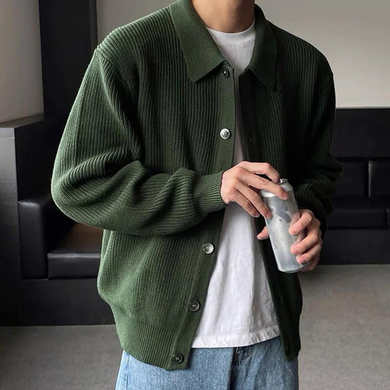 Men's trend red green Daily baggy sweaters button cozy knitted cardiga stylish thermal solid color long sleeve Outerwears male