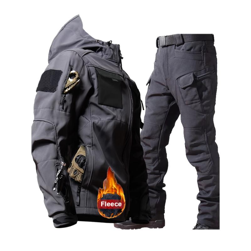 Men's Casual 2-Piece Outdoor Outfit, Men's Multi-Pocket Hooded Zip-Up Jacket, Windproof Waterproof Cargo Pants