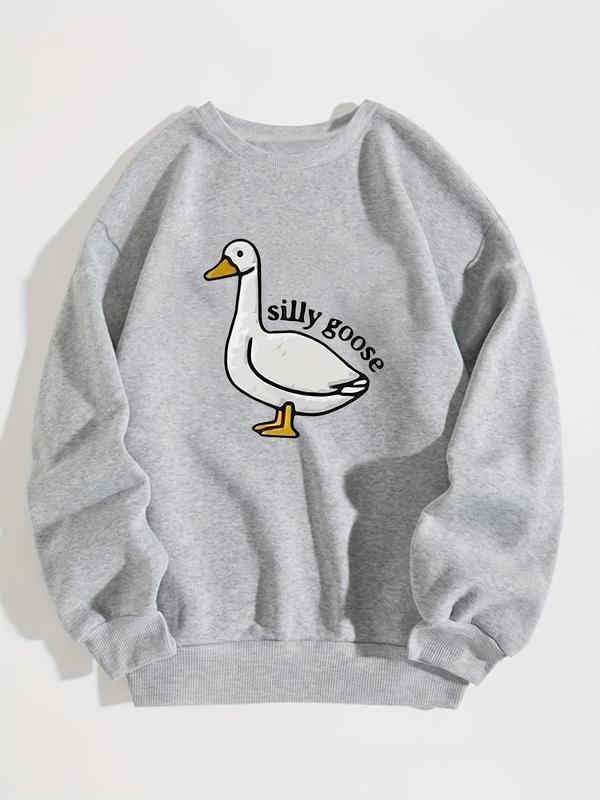 Men's Cartoon Goose & Letter Print Drop Shoulder Graphic Sweatshirt, Essentials Matching Sweatshirts , Regular Fit Casual Long Sleeve Round Neck Sweatshirts, Back-to-school Clothing, Trendy Menswear Tops, Fall Men's Drippy Outfits, Fall Outfits