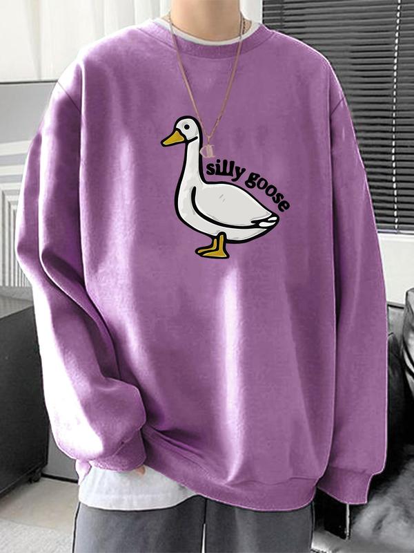 Men's Cartoon Goose & Letter Print Drop Shoulder Graphic Sweatshirt, Essentials Matching Sweatshirts , Regular Fit Casual Long Sleeve Round Neck Sweatshirts, Back-to-school Clothing, Trendy Menswear Tops, Fall Men's Drippy Outfits, Fall Outfits