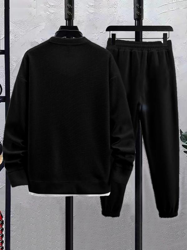 Men's Letter Patched Sweatshirt & Drawstring Waist Sweatpants Two-piece Set, Regular Fit Casual Drop Shoulder Long Sleeve Top & Pocket Pants for Spring & Fall, Men's Two-piece Outfits for Daily Wear