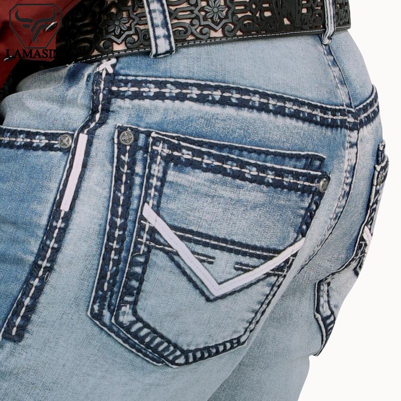 LAMASINI Cowboy Denim Jeans LM1872 Light Blue for Men - Casual Style with Embroidered Embellishments - Fashion