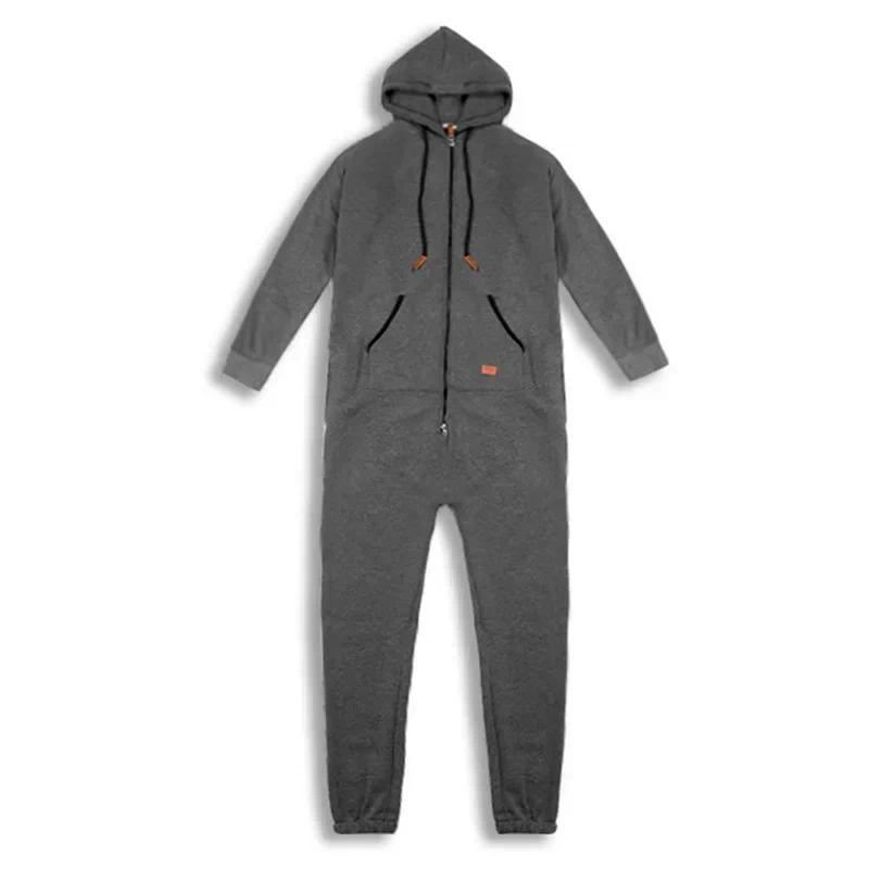 Mens Onesie Jumpsuit Pajamas Long Sleeve Sweatpants Pure Color Splicing Autumn Winter Casual Hoodie Male Zipper Jumpsuit