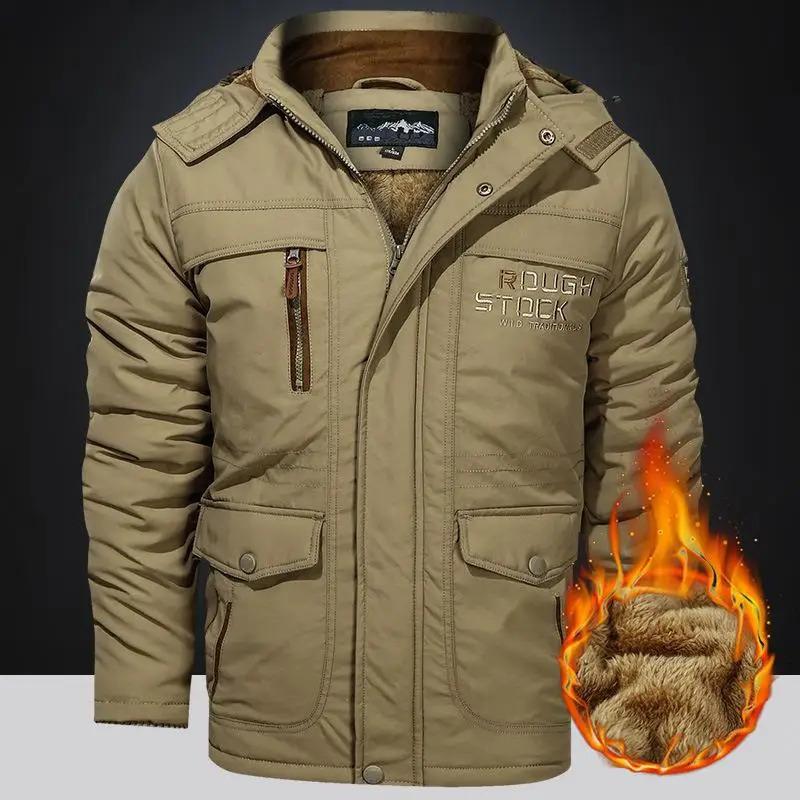 Men's Winter Jacket Fleece Linning Outdoor Parka Coat Hooded Windbreaker Military Thick Warm Outerwear Big Size 6XL Multi-pocket