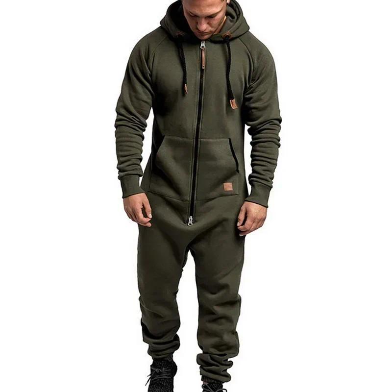 Mens Onesie Jumpsuit Pajamas Long Sleeve Sweatpants Pure Color Splicing Autumn Winter Casual Hoodie Male Zipper Jumpsuit