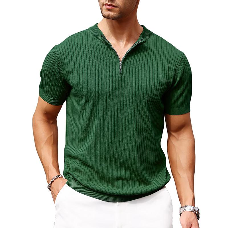 Mens Zipper Polo Shirts Stripe Ribbed Knit Short Sleeve Casual Quarter Zip Golf Shirt knit  jumpers summer clothes v neck Fabric Menswear Men's Half