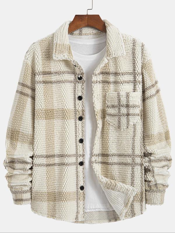 Men's Random Plaid Print Button Front Fleece Jacket, Loose Casual Drop Shoulder Long Sleeve Outerwear for Fall & Winter, Men's Clothes for Daily Wear