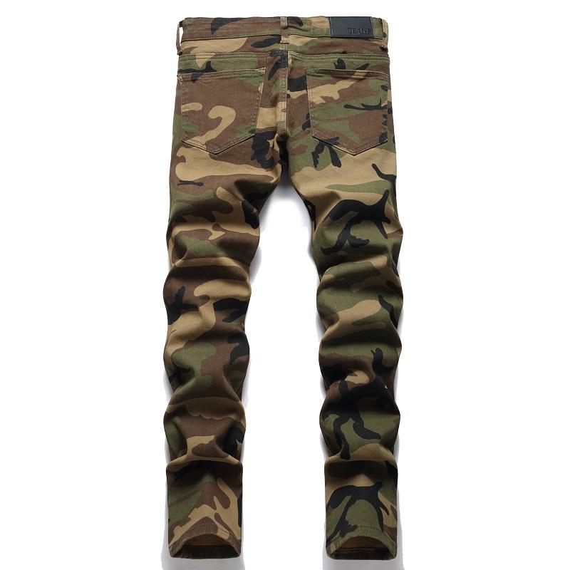 Fashion New Biker Jeans Men's Distressed Stretch Ripped Hip Hop Slim Fit Holes Punk Denim camouflage Cotton Pants Menswear Garment