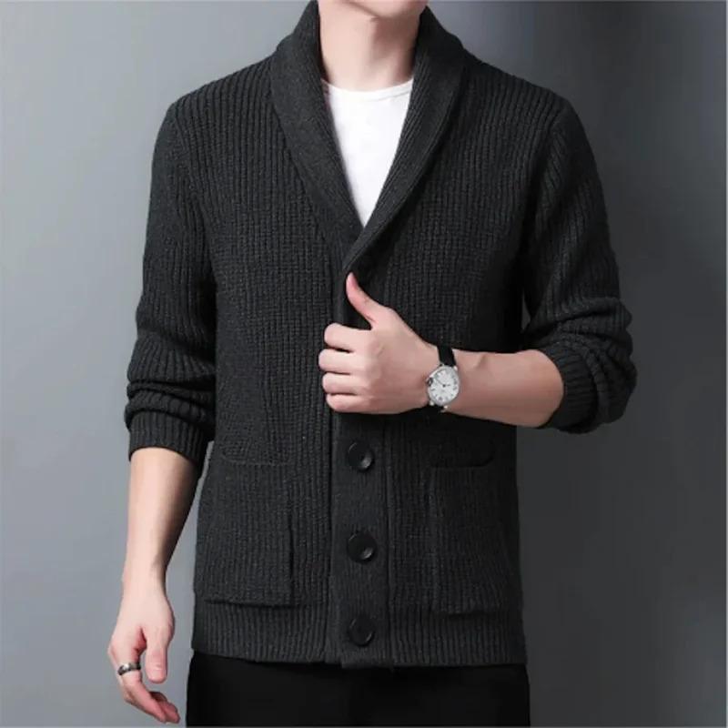 Army green cardigan men button-up sweater autumn winter knitted coat thick warm casual solid streetwear men's fashion clothing