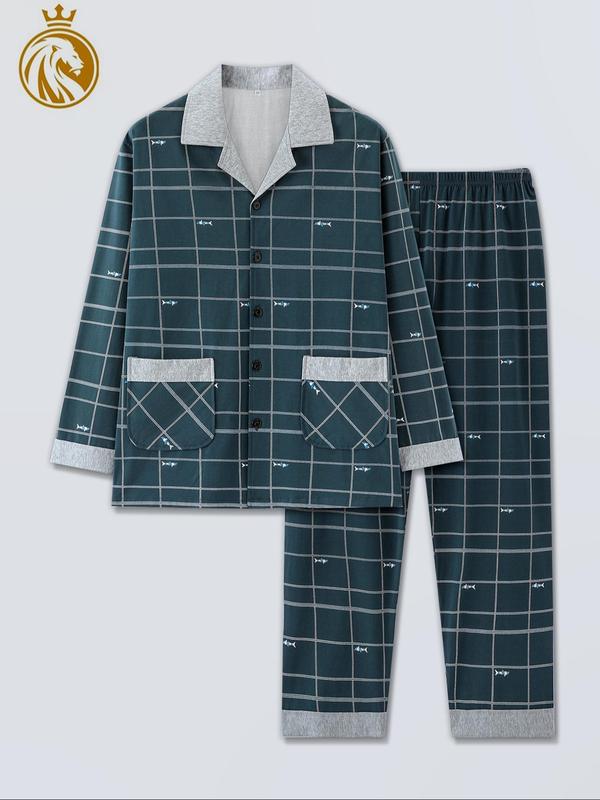 Two-Piece Set Men's Plaid Print Button Front Pocket Shirt & Elastic Waist Pants Pajama, Regular Fit Casual Comfy Long Sleeve Lapel Collar Top & Trousers PJ Set, Men's Sleepwear for Spring & Fall