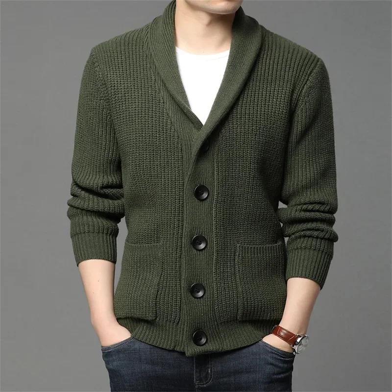 Army green cardigan men button-up sweater autumn winter knitted coat thick warm casual solid streetwear men's fashion clothing