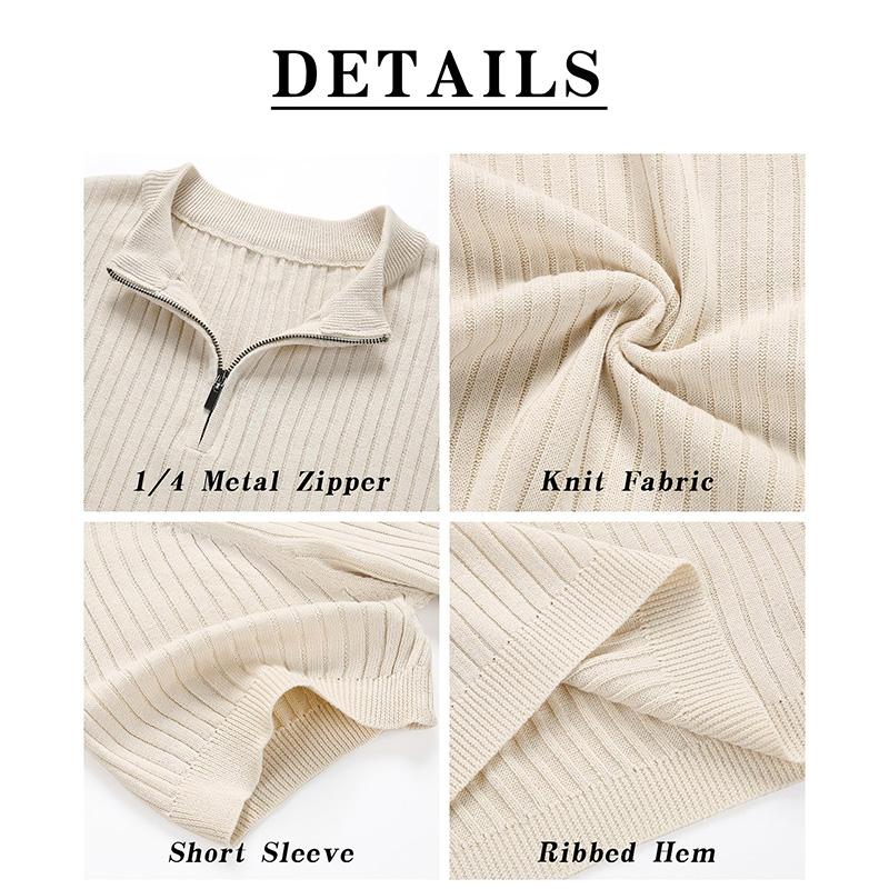 Mens Zipper Polo Shirts Stripe Ribbed Knit Short Sleeve Casual Quarter Zip Golf Shirt knit  jumpers summer clothes v neck Fabric Menswear Men's Half