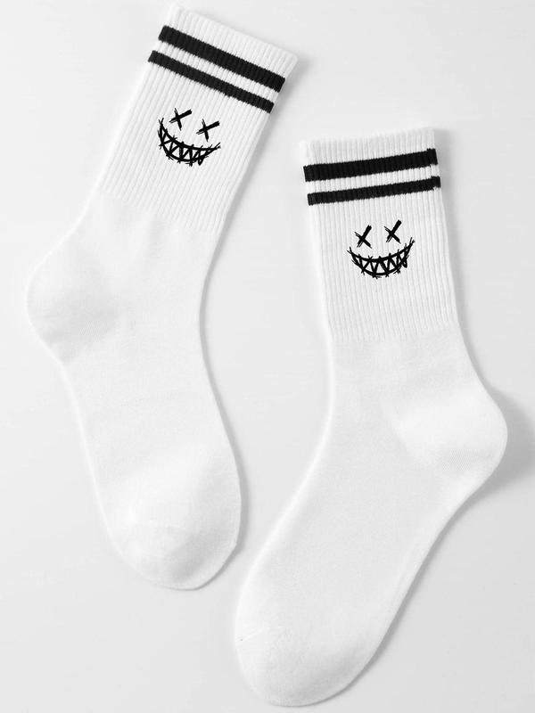 Men's Cartoon Face & Striped Print Crew Socks, 1 Pair Mid-calf Socks, Casual Comfy Breathable Knit White Socks for Men, Athletic Running Socks, Menswear, Men's Socks & Hosiery