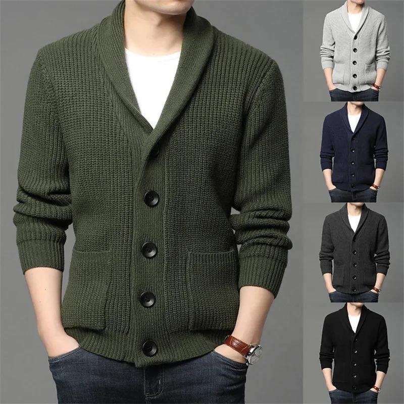 Army green cardigan men button-up sweater autumn winter knitted coat thick warm casual solid streetwear men's fashion clothing