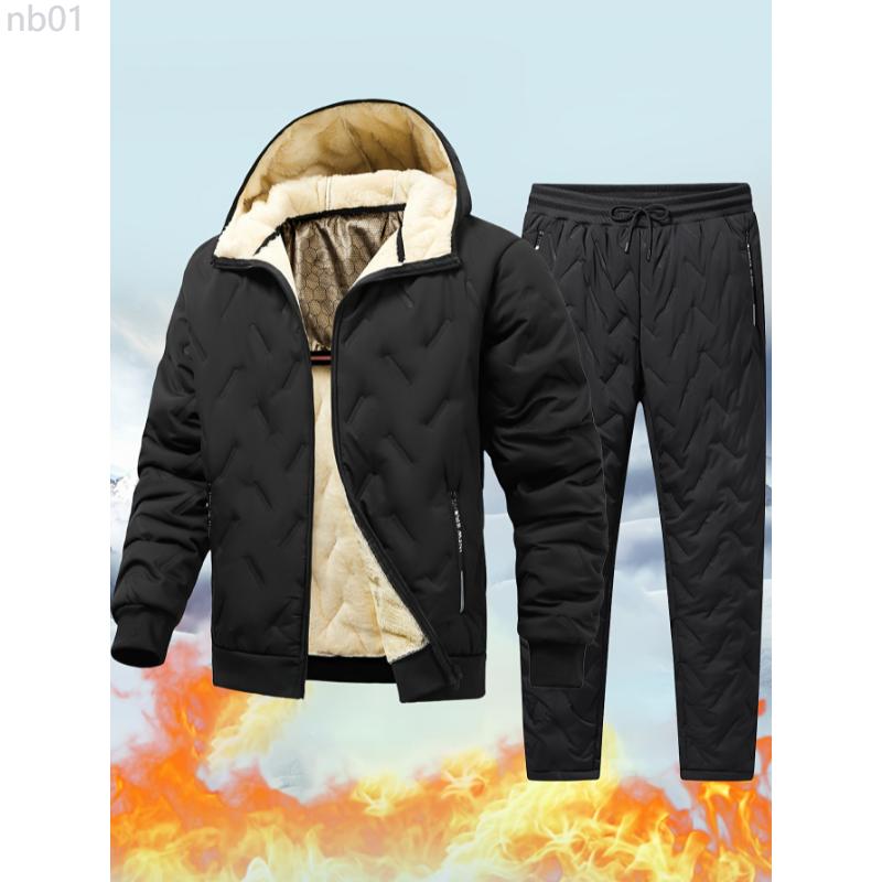 Men's Winter Fleece Lined Hooded Jacket And Pants Set - Casual, Warm Outdoor Gear With Zippered Pockets