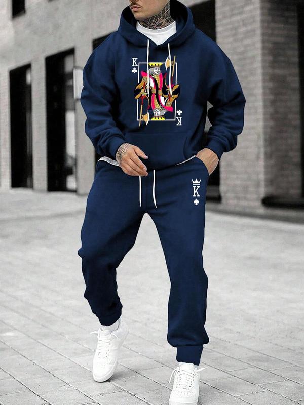 Two-Piece Set Men's Poker Print Pocket Drawstring Hoodie & Sweatpants Set, Regular Fit Casual Long Sleeve Hooded Sweatshirt & Pants for Daily Wear, Men's Outfits for Fall & Winter, Fall Outfits, Fallfreshness