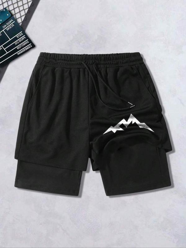 Men's Regular Fit Mountain Print Fake Two-piece Shorts, Casual Comfy Breathable Shorts for Daily Wear, Men's Bottoms for Summer