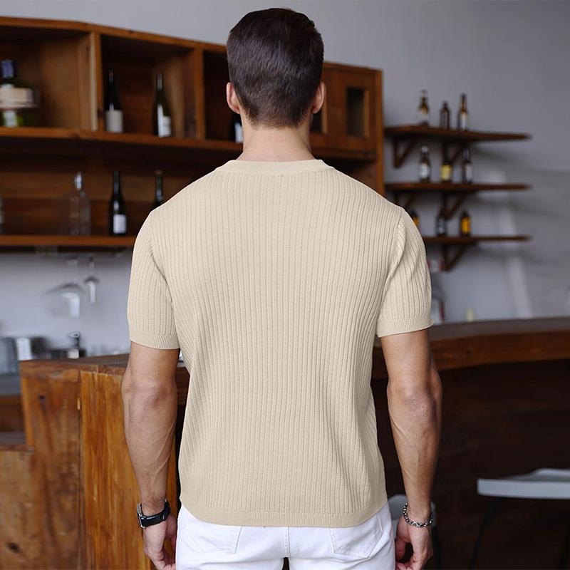 Mens Zipper Polo Shirts Stripe Ribbed Knit Short Sleeve Casual Quarter Zip Golf Shirt knit  jumpers summer clothes v neck Fabric Menswear Men's Half