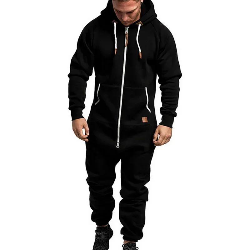 Mens Onesie Jumpsuit Pajamas Long Sleeve Sweatpants Pure Color Splicing Autumn Winter Casual Hoodie Male Zipper Jumpsuit