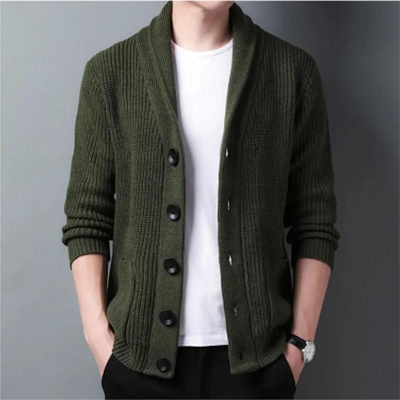 Army green cardigan men button-up sweater autumn winter knitted coat thick warm casual solid streetwear men's fashion clothing