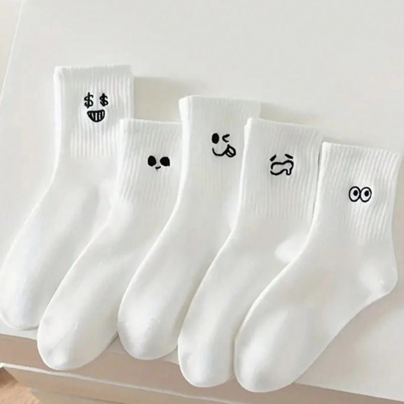 5pairs set Men's & Women's White Funny Face Mid-calf Socks Ins Couple Socks For Casual, Student, Autumn & Winter