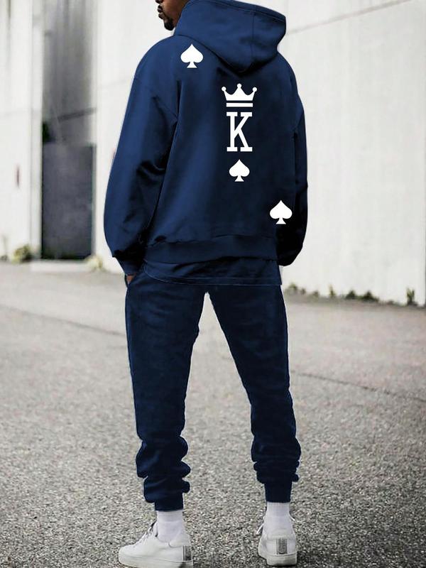 Two-Piece Set Men's Poker Print Pocket Drawstring Hoodie & Sweatpants Set, Regular Fit Casual Long Sleeve Hooded Sweatshirt & Pants for Daily Wear, Men's Outfits for Fall & Winter, Fall Outfits, Fallfreshness