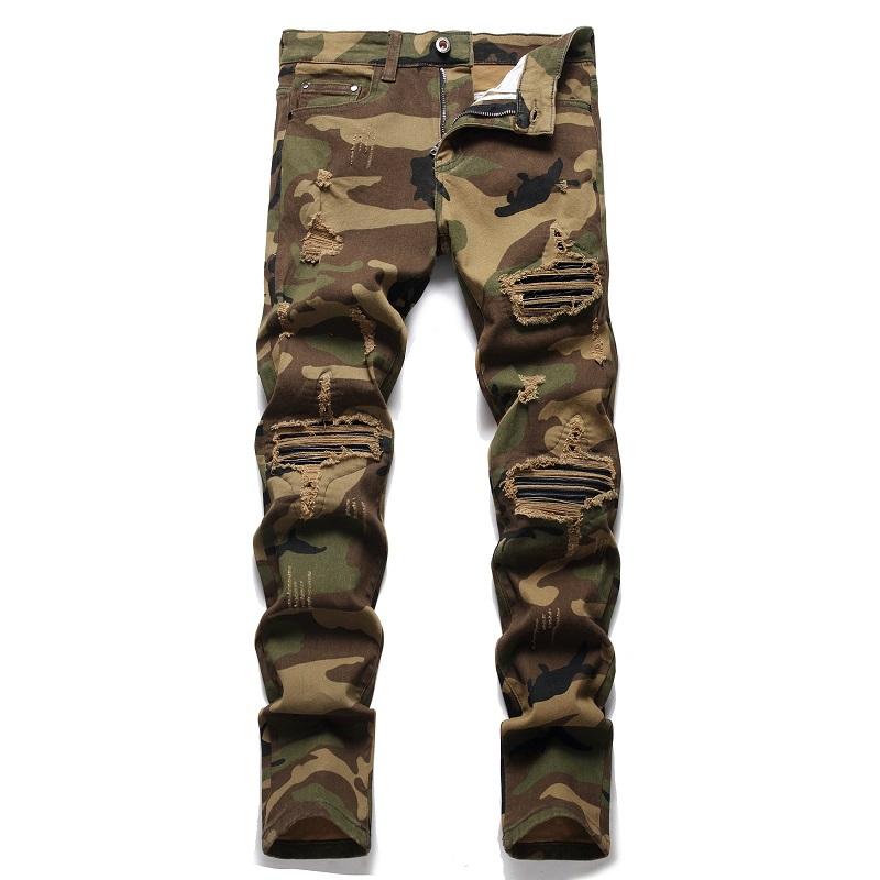 Fashion New Biker Jeans Men's Distressed Stretch Ripped Hip Hop Slim Fit Holes Punk Denim camouflage Cotton Pants Menswear Garment