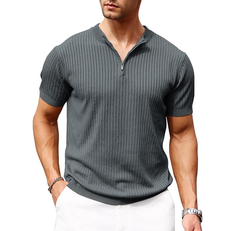 Mens Zipper Polo Shirts Stripe Ribbed Knit Short Sleeve Casual Quarter Zip Golf Shirt knit  jumpers summer clothes v neck Fabric Menswear Men's Half