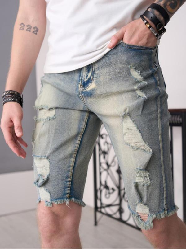 Men's Regular Fit Plain Ripped Pocket Vintage Denim Shorts, Casual Comfy Washed Raw Hem Bermuda Shorts for Daily Wear, Shorts for Men, Mens Clothing, Mens Bottoms for All Seasons