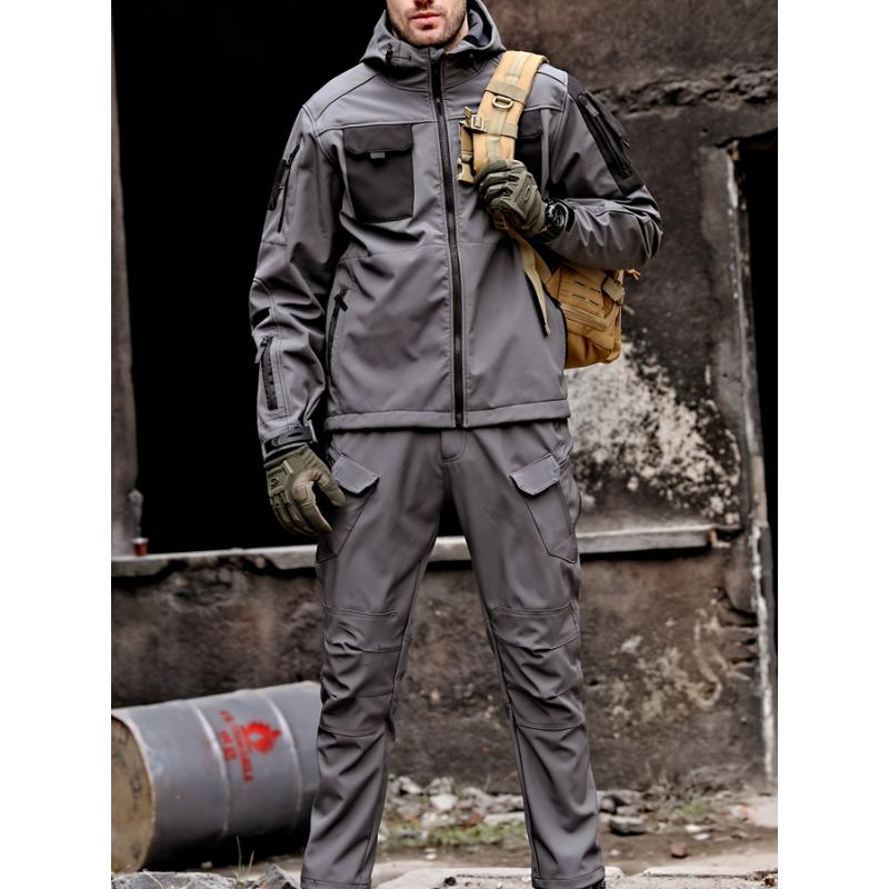 Men's Casual 2-Piece Outdoor Outfit, Men's Multi-Pocket Hooded Zip-Up Jacket, Windproof Waterproof Cargo Pants