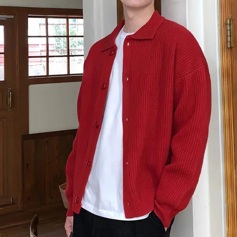 Men's trend red green Daily baggy sweaters button cozy knitted cardiga stylish thermal solid color long sleeve Outerwears male