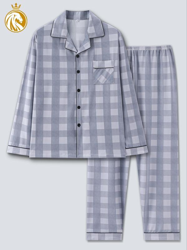 Two-Piece Set Men's Plaid Print Button Front Pocket Shirt & Elastic Waist Pants Pajama, Regular Fit Casual Comfy Long Sleeve Lapel Collar Top & Trousers PJ Set, Men's Sleepwear for Spring & Fall