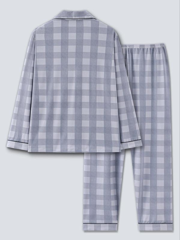 Two-Piece Set Men's Plaid Print Button Front Pocket Shirt & Elastic Waist Pants Pajama, Regular Fit Casual Comfy Long Sleeve Lapel Collar Top & Trousers PJ Set, Men's Sleepwear for Spring & Fall