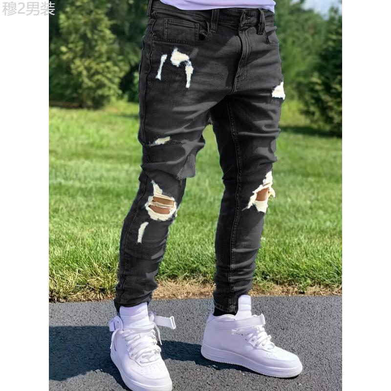 Chic Ripped Slim Fit Jeans, Men's Casual Street Style Stretch Jeans Menswear Underwear