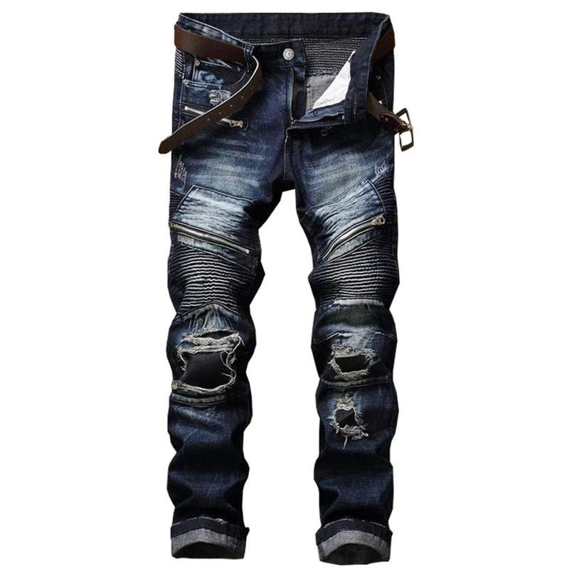 Men's Fashion Biker Classic Distressed Straight Slim Fit Designer Jeans For Men Denim Pants