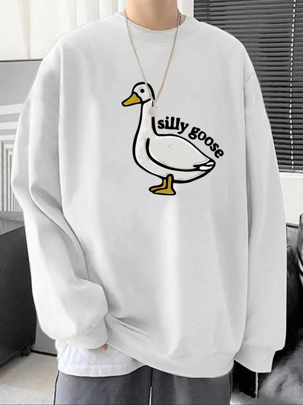 Men's Cartoon Goose & Letter Print Drop Shoulder Graphic Sweatshirt, Essentials Matching Sweatshirts , Regular Fit Casual Long Sleeve Round Neck Sweatshirts, Back-to-school Clothing, Trendy Menswear Tops, Fall Men's Drippy Outfits, Fall Outfits