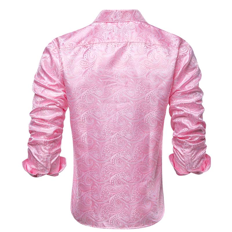 Mens Long Sleeve Dinner Shirt Light Pink Jacquard Paisley Top Collar Casual Classic Menswear men s Elastic Polyester