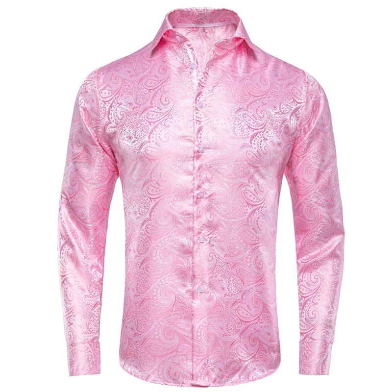 Mens Long Sleeve Dinner Shirt Light Pink Jacquard Paisley Top Collar Casual Classic Menswear men s Elastic Polyester