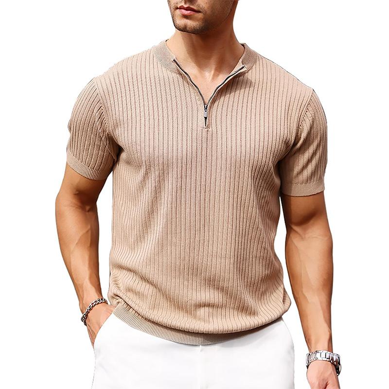 Mens Zipper Polo Shirts Stripe Ribbed Knit Short Sleeve Casual Quarter Zip Golf Shirt knit  jumpers summer clothes v neck Fabric Menswear Men's Half