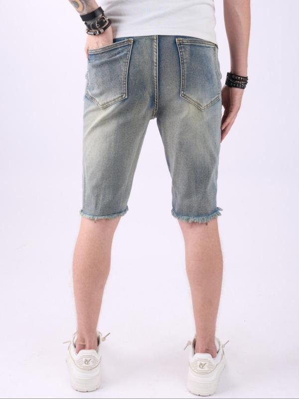 Men's Regular Fit Plain Ripped Pocket Vintage Denim Shorts, Casual Comfy Washed Raw Hem Bermuda Shorts for Daily Wear, Shorts for Men, Mens Clothing, Mens Bottoms for All Seasons