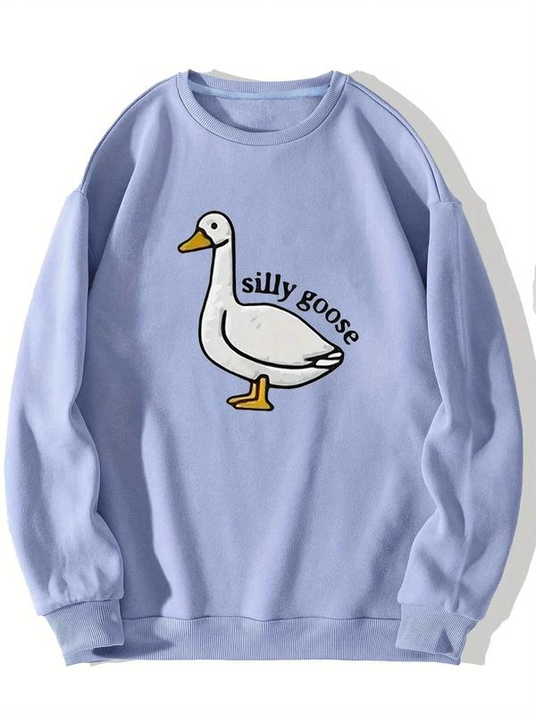 Men's Cartoon Goose & Letter Print Drop Shoulder Graphic Sweatshirt, Essentials Matching Sweatshirts , Regular Fit Casual Long Sleeve Round Neck Sweatshirts, Back-to-school Clothing, Trendy Menswear Tops, Fall Men's Drippy Outfits, Fall Outfits