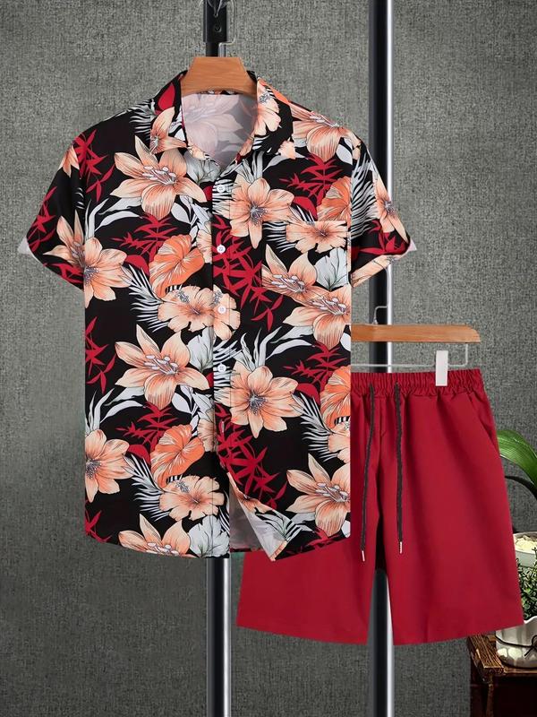 Two-piece Set Men's Floral Print Outfits, Boho Regular Fit Button Front Shirt & Plain Drawstring Pocket Shorts Set, Summer Clothes,  Men's Summer Outfits