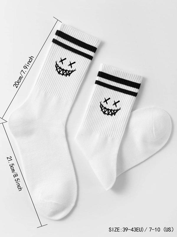 Men's Cartoon Face & Striped Print Crew Socks, 1 Pair Mid-calf Socks, Casual Comfy Breathable Knit White Socks for Men, Athletic Running Socks, Menswear, Men's Socks & Hosiery