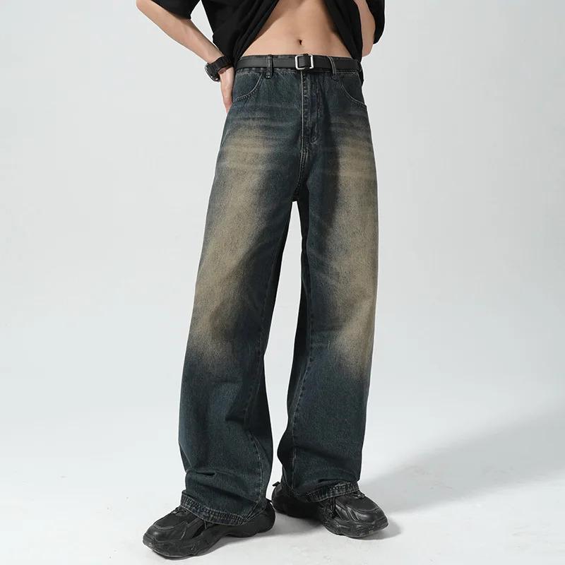 Men's Jeans Straight Loose Wide-leg Denim Pants Casual Trousers Vintage Classic Make Old Four Seasons Fashion Streetwear Blue