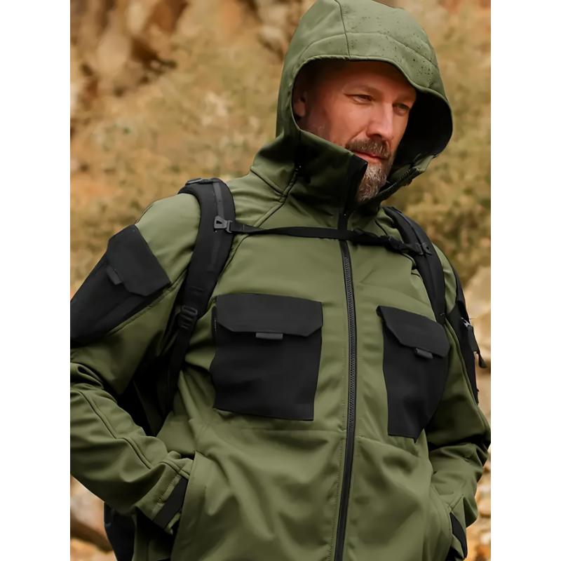 Men's Casual 2-Piece Outdoor Outfit, Men's Multi-Pocket Hooded Zip-Up Jacket, Windproof Waterproof Cargo Pants