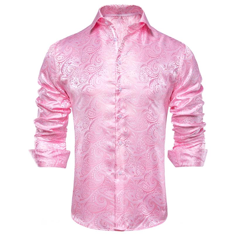 Mens Long Sleeve Dinner Shirt Light Pink Jacquard Paisley Top Collar Casual Classic Menswear men s Elastic Polyester