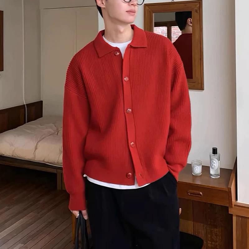 Men's trend red green Daily baggy sweaters button cozy knitted cardiga stylish thermal solid color long sleeve Outerwears male