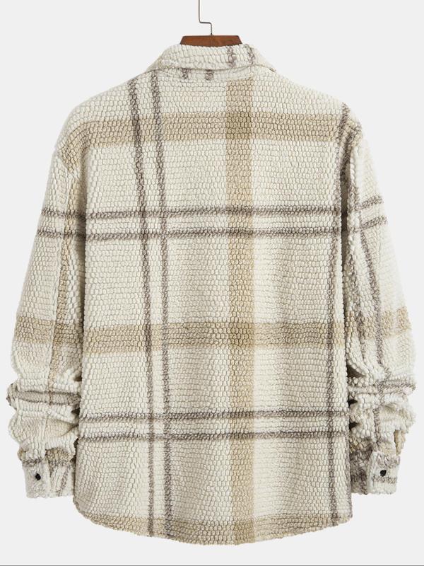 Men's Random Plaid Print Button Front Fleece Jacket, Loose Casual Drop Shoulder Long Sleeve Outerwear for Fall & Winter, Men's Clothes for Daily Wear