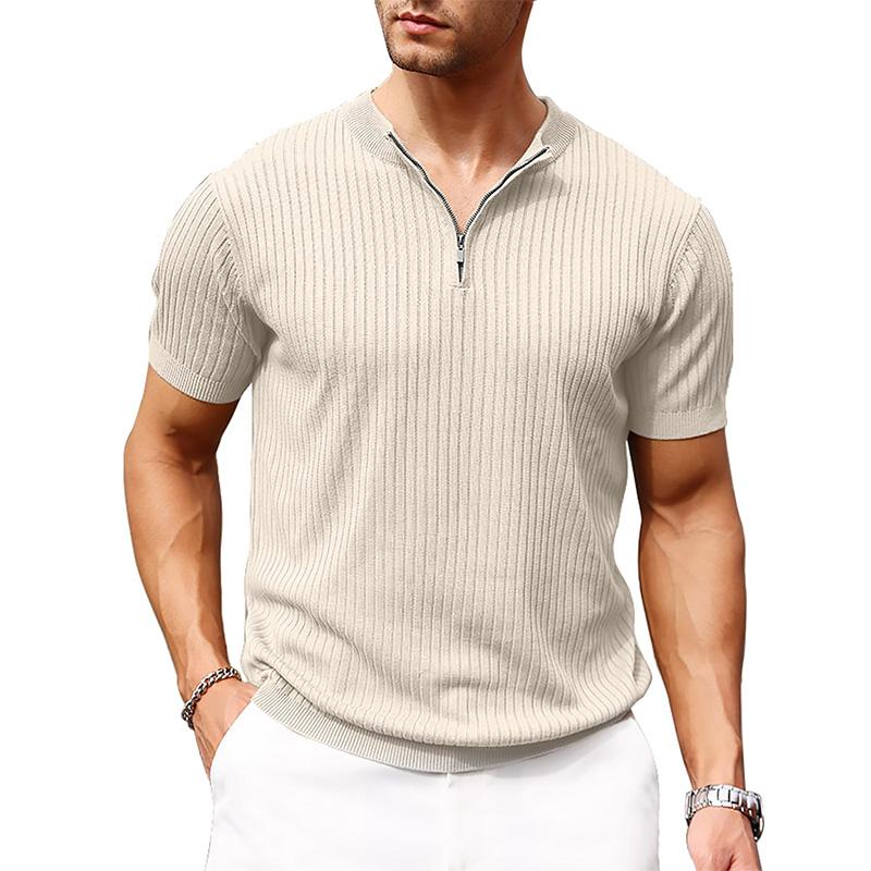 Mens Zipper Polo Shirts Stripe Ribbed Knit Short Sleeve Casual Quarter Zip Golf Shirt knit  jumpers summer clothes v neck Fabric Menswear Men's Half